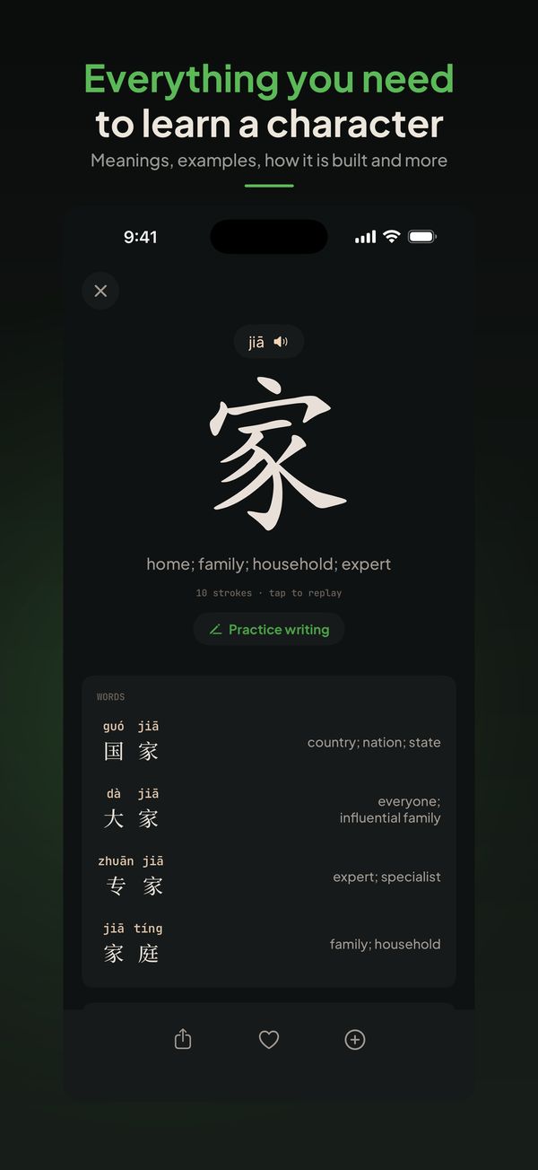 A character page: meaning, example words and how it is built